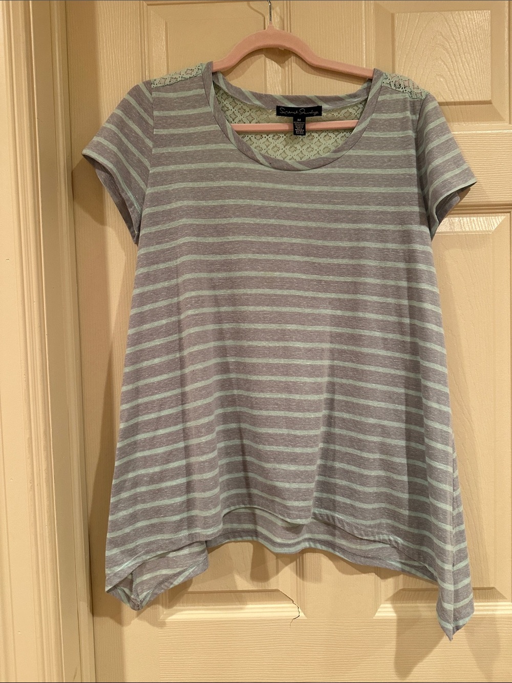 French Laundry Mint and Gray Striped Short Sleeve Tee with Lace Yoke